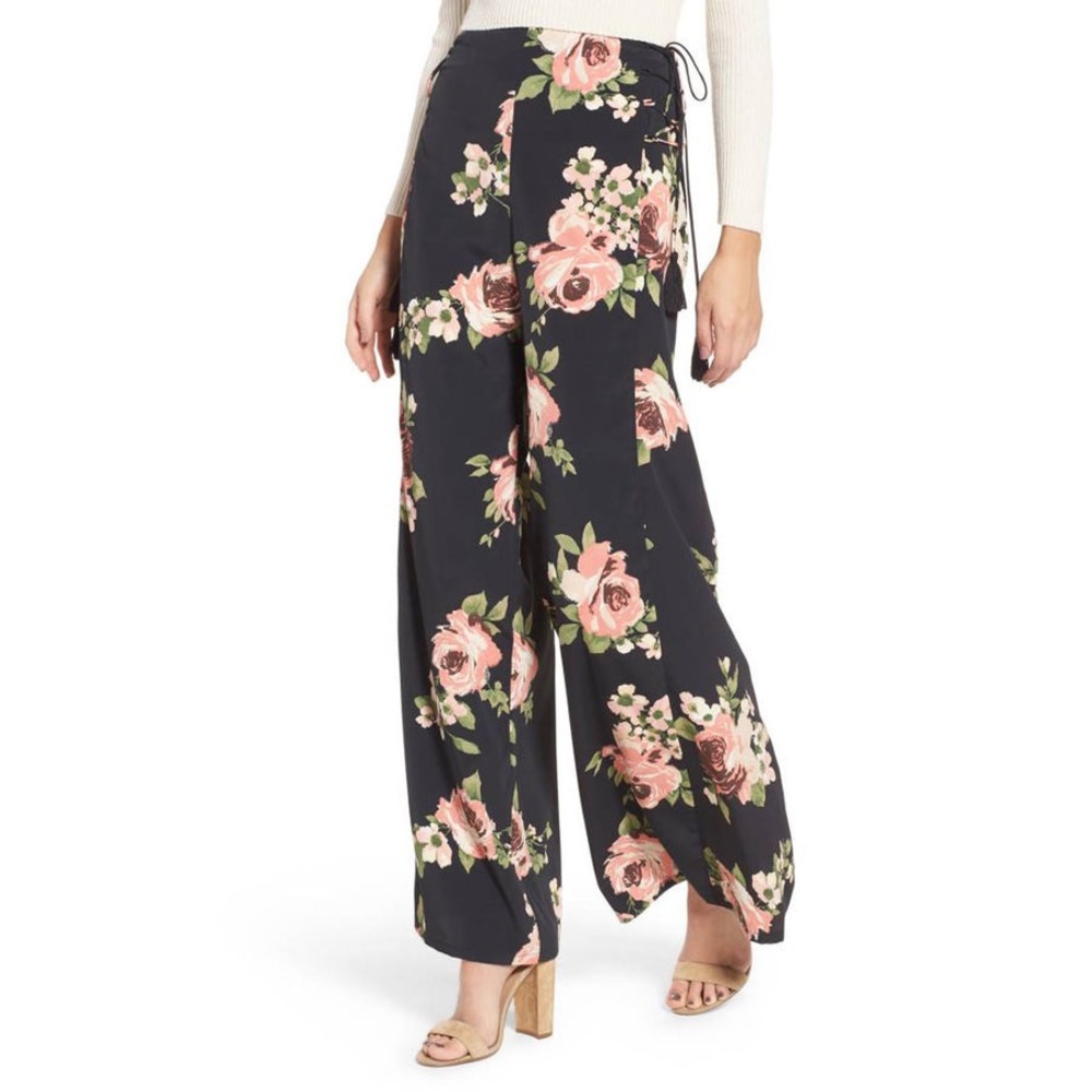Band of Gypsies Black Floral High-Waisted Wide Leg Palazzo Pants Size S